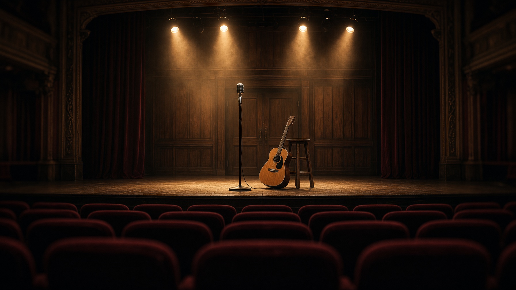 Historic Texas performance hall, empty stage under amber lights