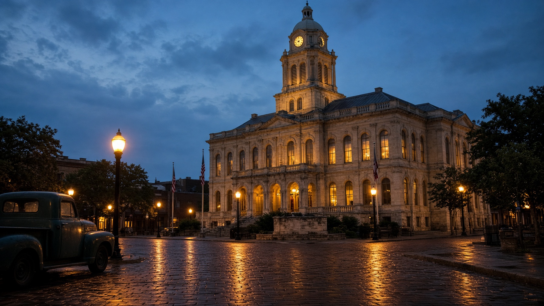 Historic city hall on a small East Texas town square at dusk