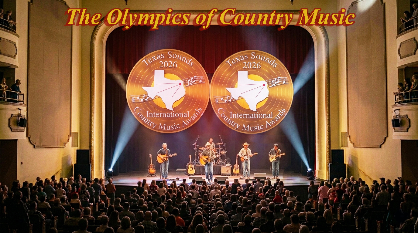 Acoustic guitar, cowboy hat, and a folded Texas flag on stage floorboards